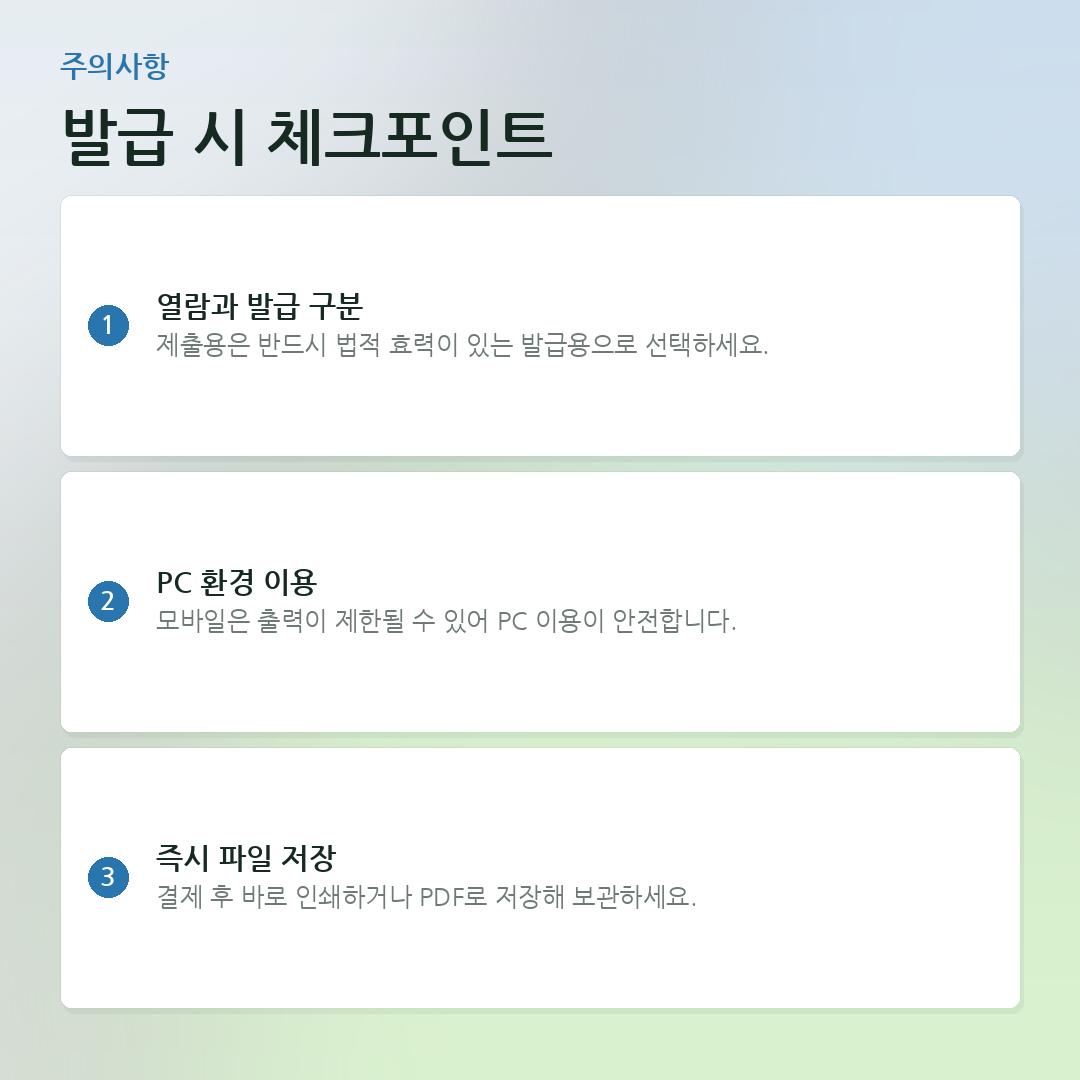 발급 시 체크포인트 요약 카드