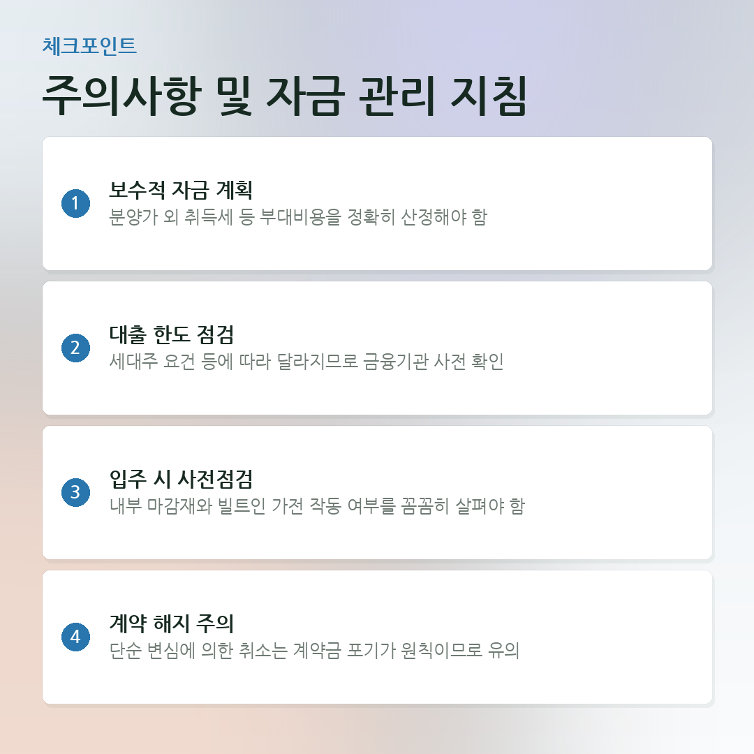 주의사항 및 자금 관리 지침 요약 카드