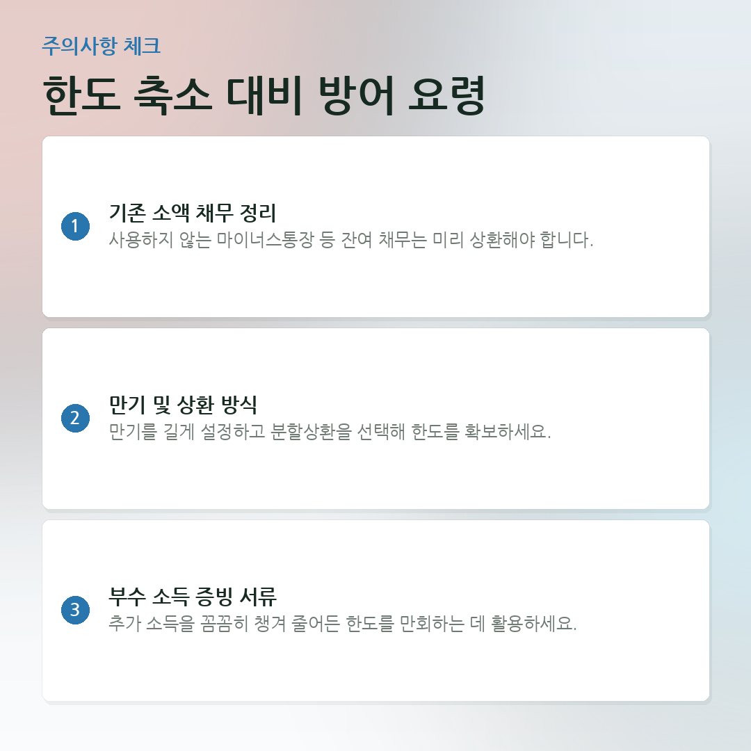 한도 축소 대비 방어 요령 요약 카드