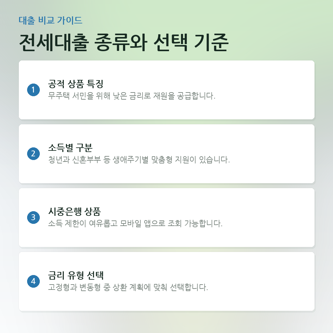 전세대출 종류와 선택 기준 요약 카드