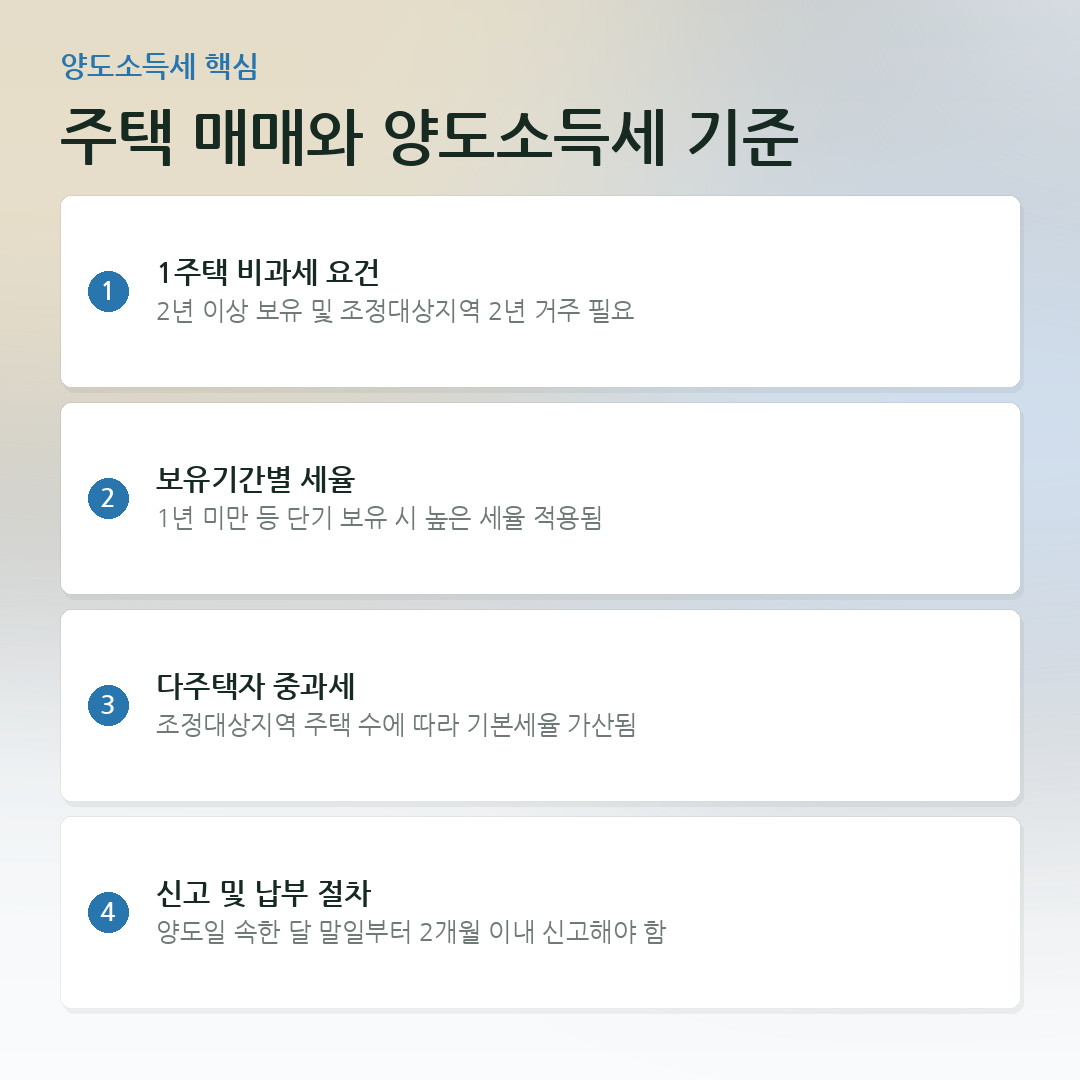 주택 매매와 양도소득세 기준 요약 카드