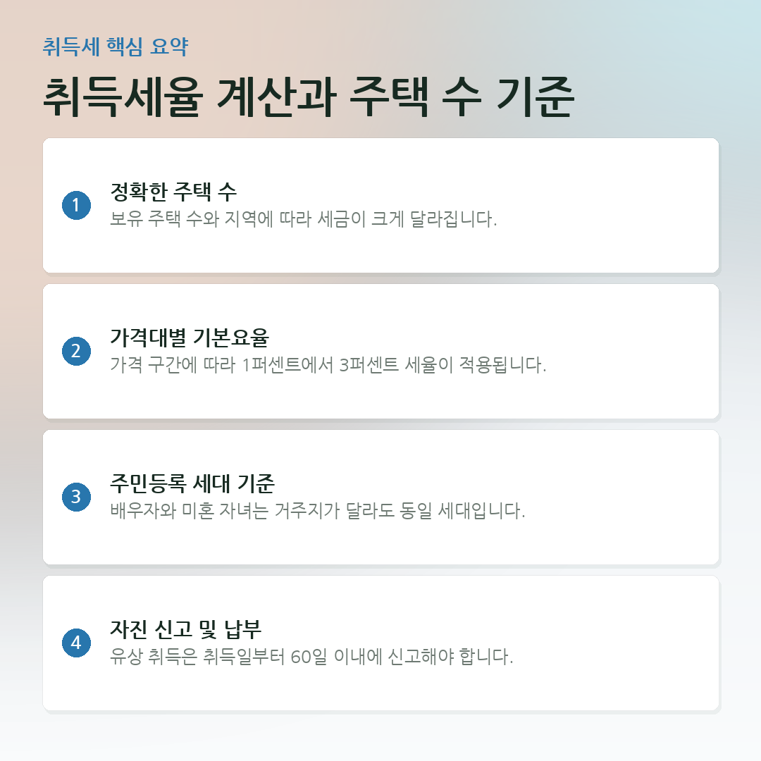 취득세율 계산과 주택 수 기준 요약 카드