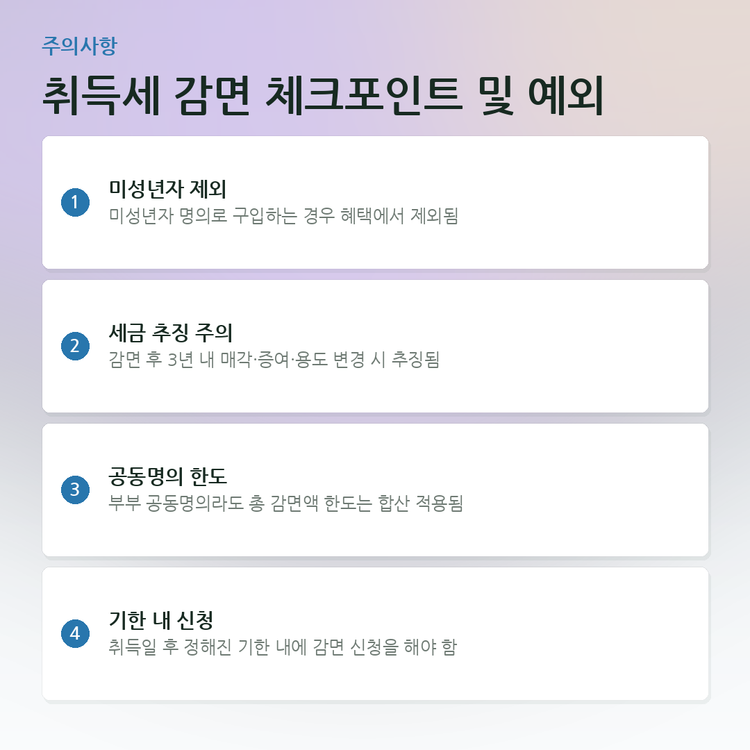 취득세 감면 체크포인트 및 예외 요약 카드
