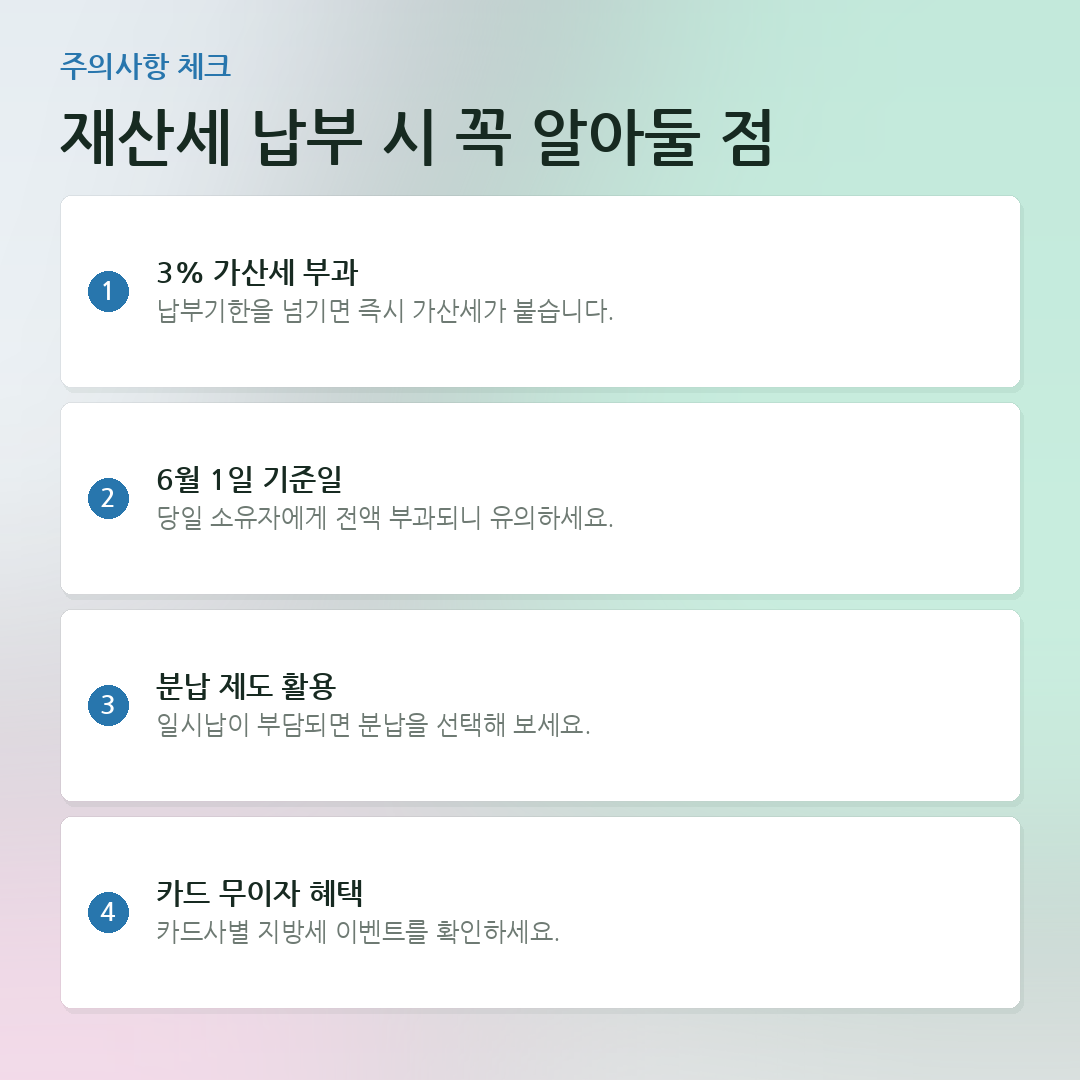 재산세 납부 시 꼭 알아둘 점 요약 카드