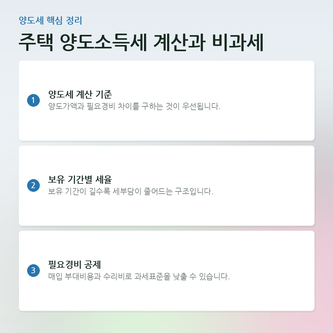 주택 양도소득세 계산과 비과세 요약 카드